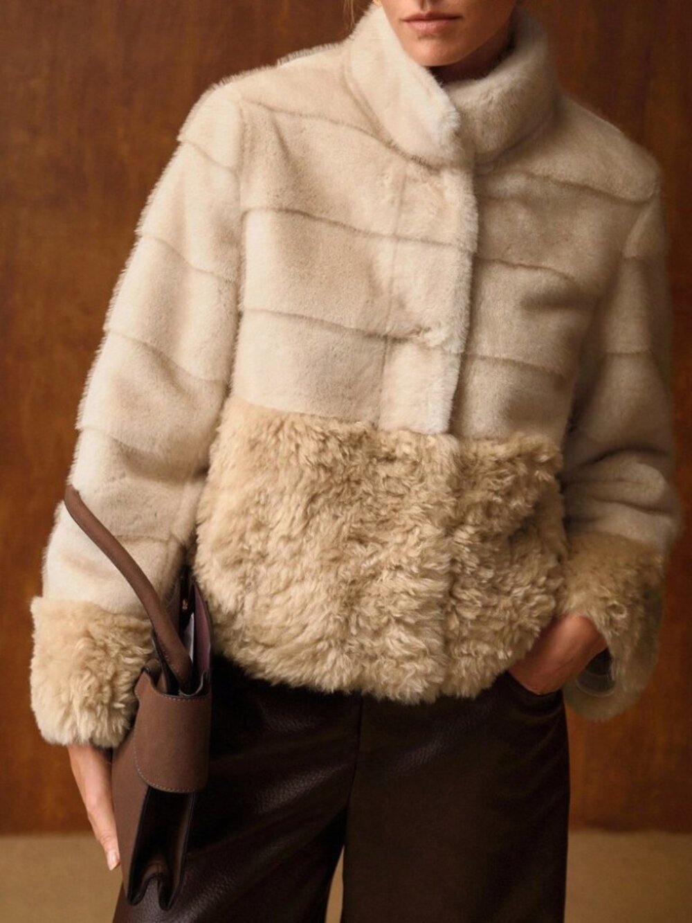 Cream / Tan Faux Fur Color Block Collared Cropped Jacket with Cuffs